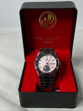 Men’s 43mm Stainless Steel Watch with Pink Dial, With Box